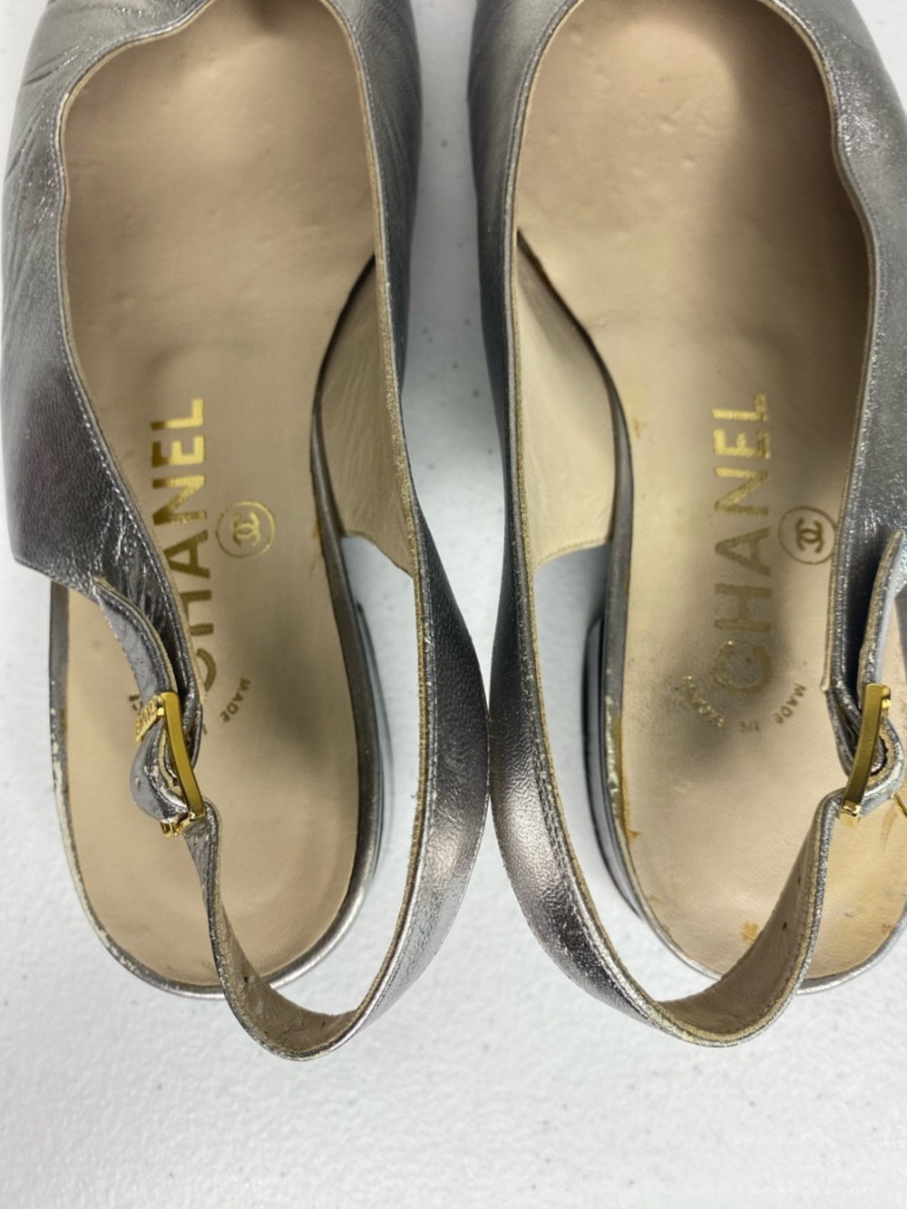 Chanel Vintage Cap-Toe Sling Back Pumps Sliver Black Size 38 - Picture 10 of 15